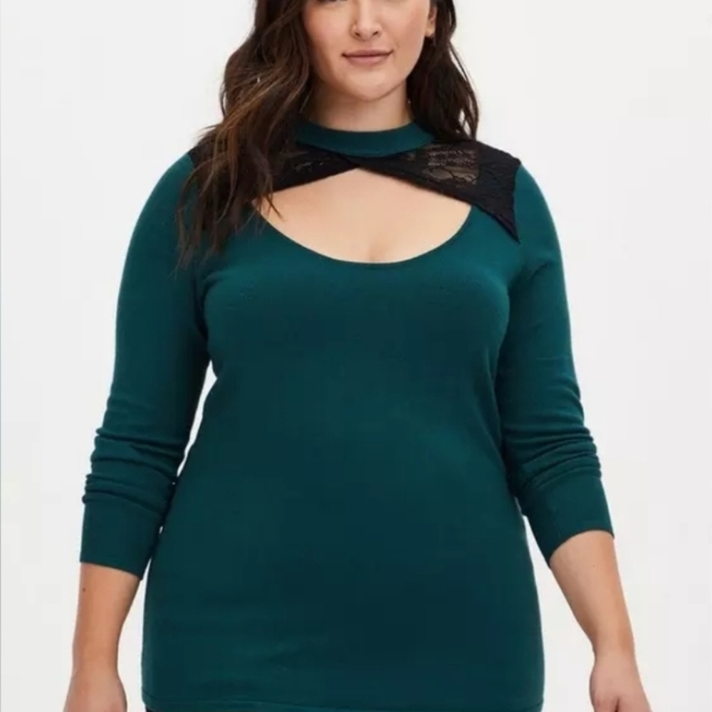 Torrid Teal Long Sleeve Top with Black Lace Detail - Size 3